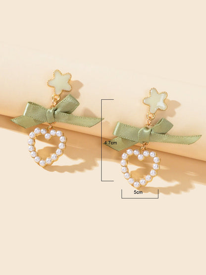 Cute Funny Handmade Enamel Flower Green Bow Pearl Heart Drop Earrings Women Gift-2