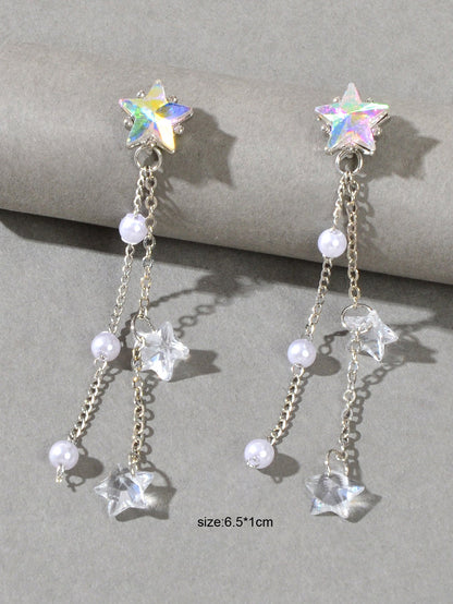 Women Trendy Silver Chain Resin Transparent Beads Star Dangle Pendant Earrings-2