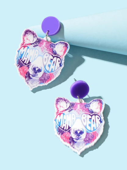 Stylish Purple Acrylic Letter Bear Head Dangle Earrings Women Party Decoration-2