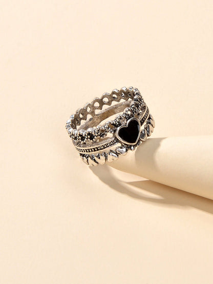 Vintage Antique Silver Black Enamel Love Heart Oxidized Intricate Stackable Ring-2