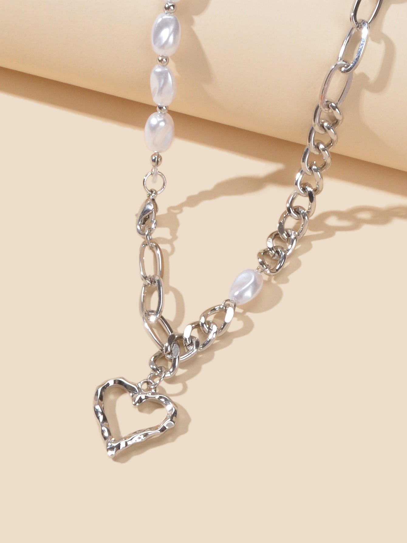 Party Decoration Retro Punk Silver Chain Pearl Heart Pendant Women Necklace Gift-2