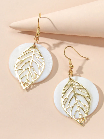 Trendy Gold Leaf White Shell Disc Round Charm Dangle Bho Chic Holiday Earrings-2