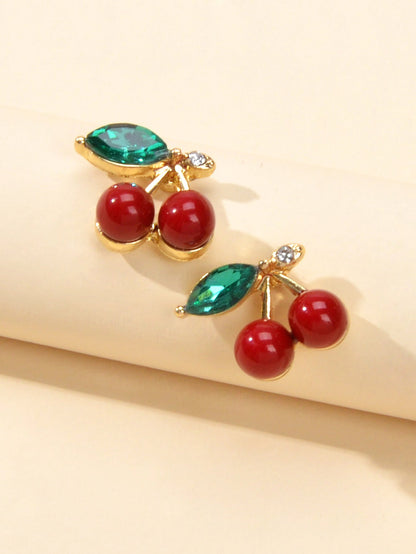 Lovely Fruit Jewellery Green Crystal Leaf Red Beads Stud Elegant Cherry Earrings-2