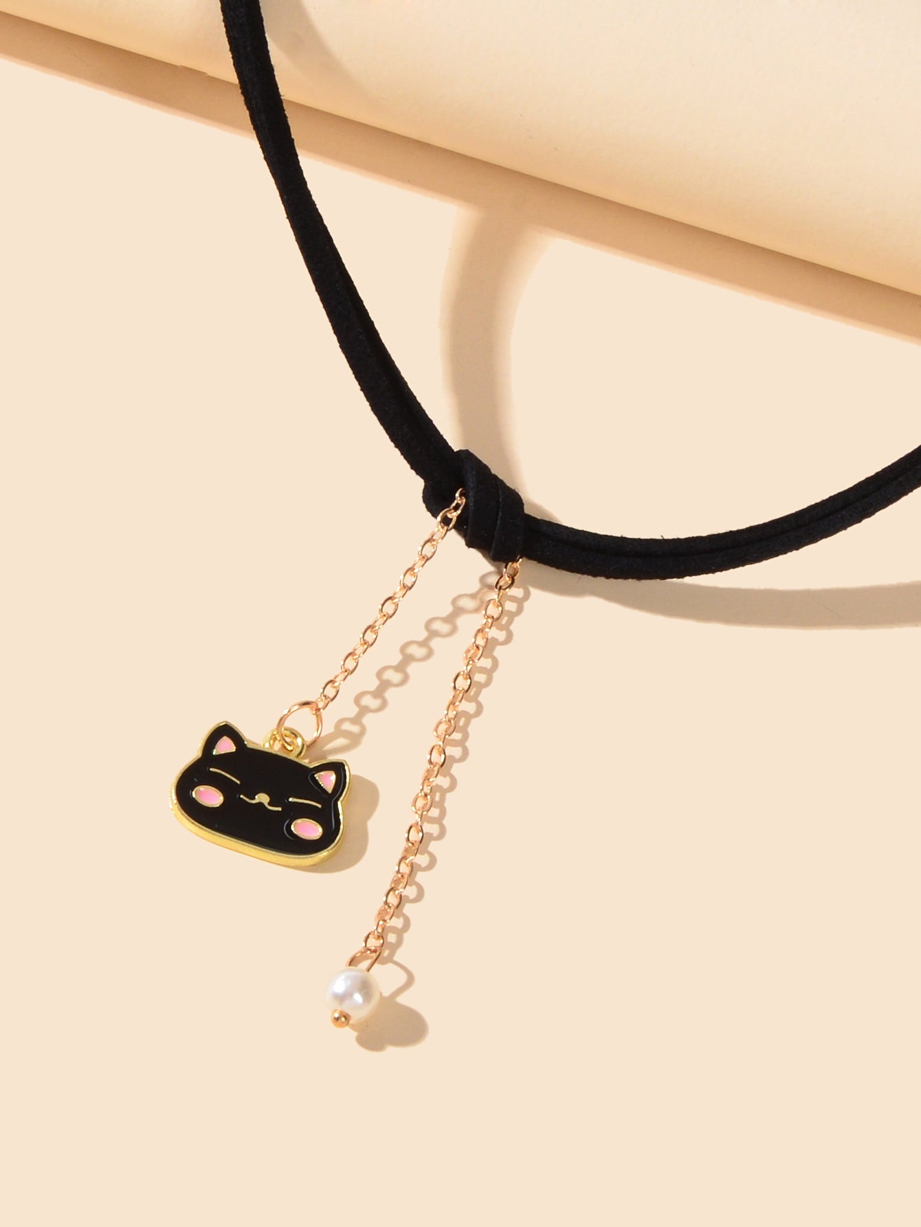 Black Choker Gold Chain Pearl Cat Charm Necklace Lovely Short Women Party Collar-2