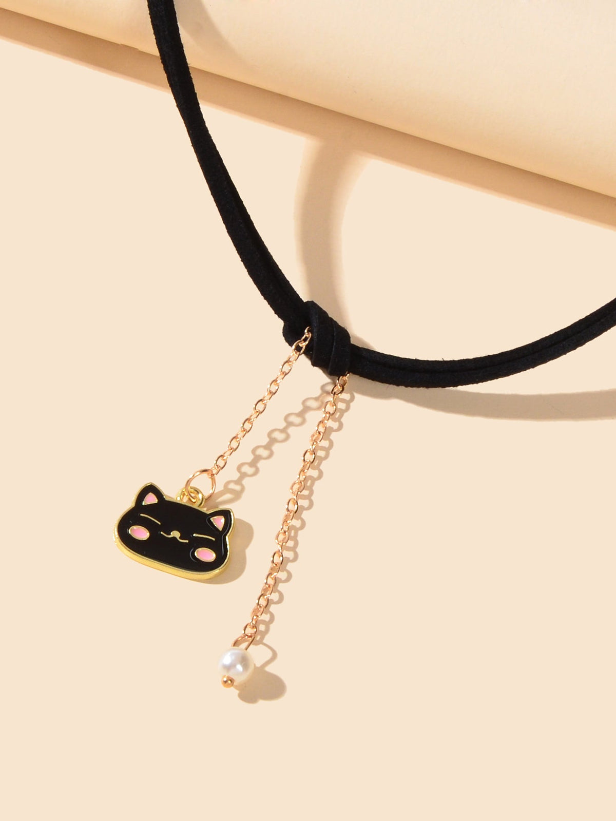 Black Choker Gold Chain Pearl Cat Charm Necklace Lovely Short Women Party Collar-2