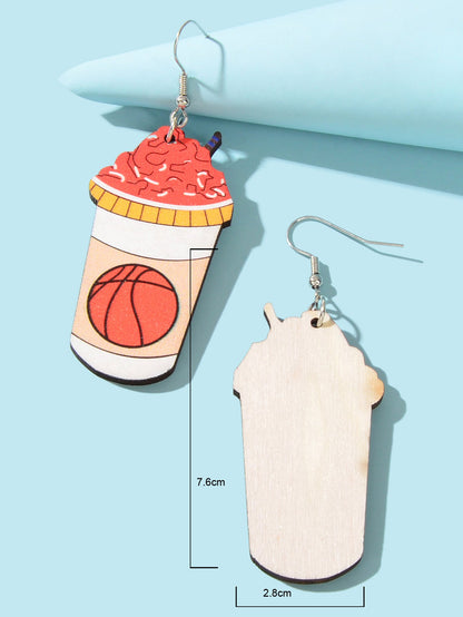 Funny Basketball Pattern Drink Shape Wood Dangle Earrings Sports Jewellery Gifts-3