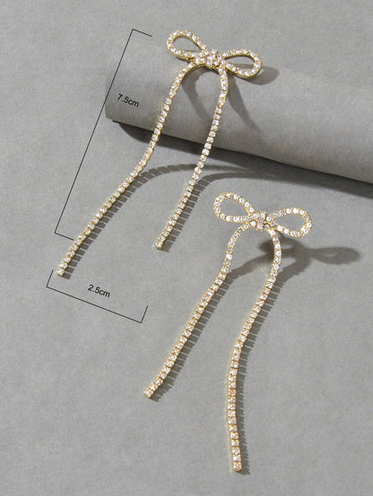 Clear Rhinestone Crystal Tassel Sparkle Bow Tie Dangle Bridal Wedding Earrings-2