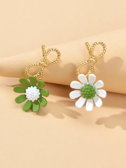 Dainty Gift Women Bow White Green Flower Asymmetric Hypoallergenic Stud Earrings-2