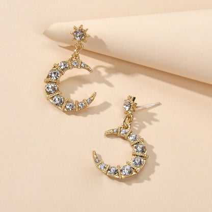 Textured Luxury Full Rhinestone Star Moon Dangle Earrings Wedding Gift Jewellery-2