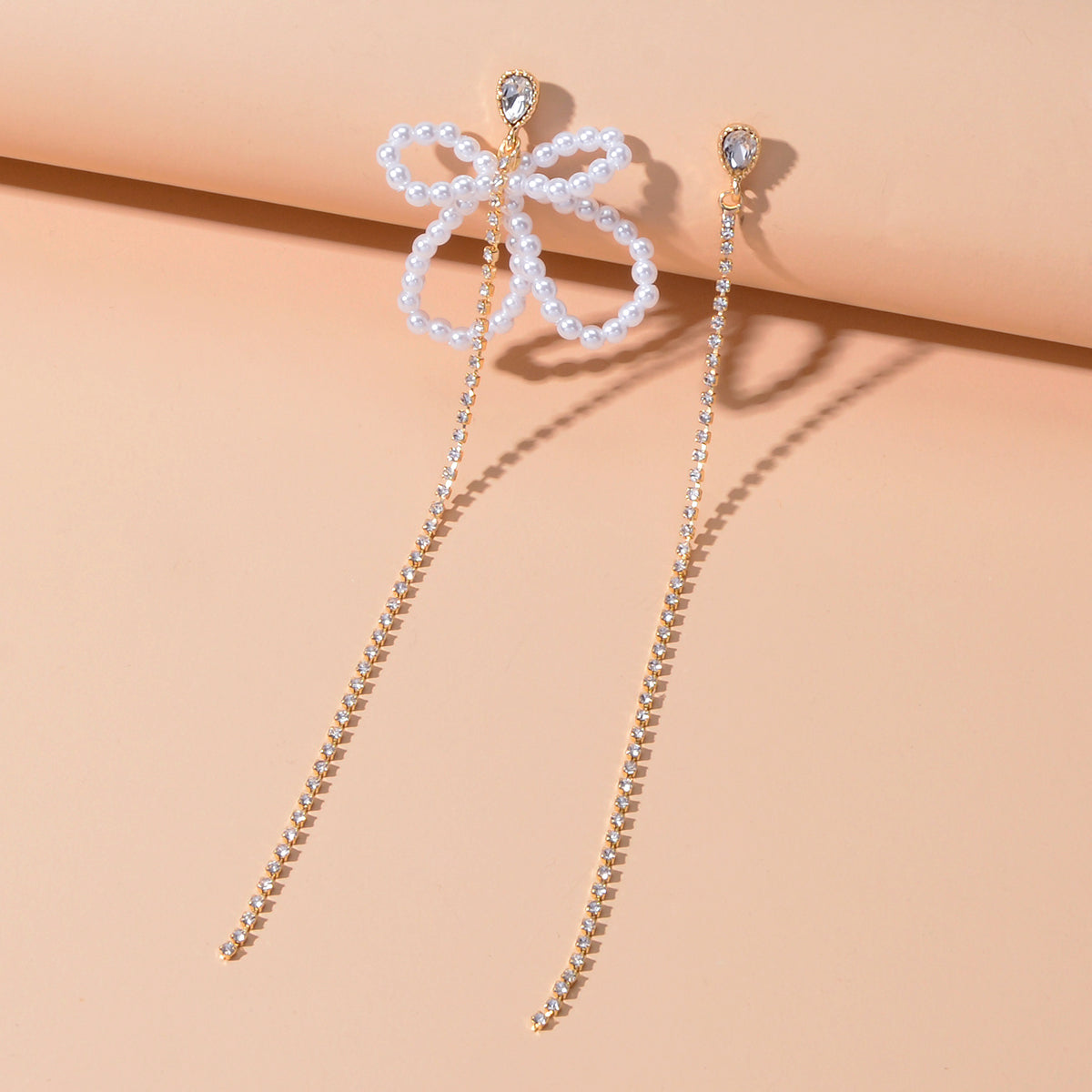 Sweet Pearl Beads Flower Rhinestone Long Gold Chain Asymmetric Pendant Earrings-0