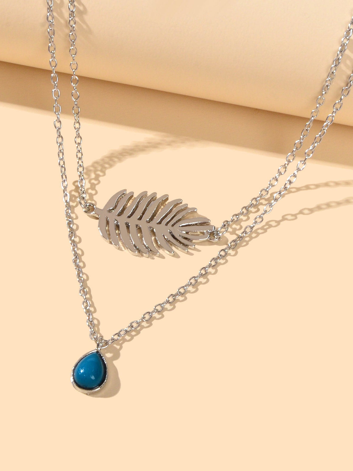 Trendy Double layer Silver Chain Leaf Charm Blue Bead Water Drop Charm Necklace-2