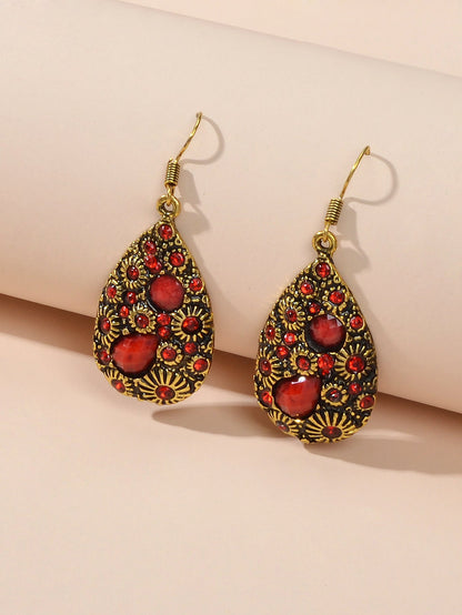 Retro Jewellery Textured Women Accessories Crystal Antique Water Drop Earrings-2