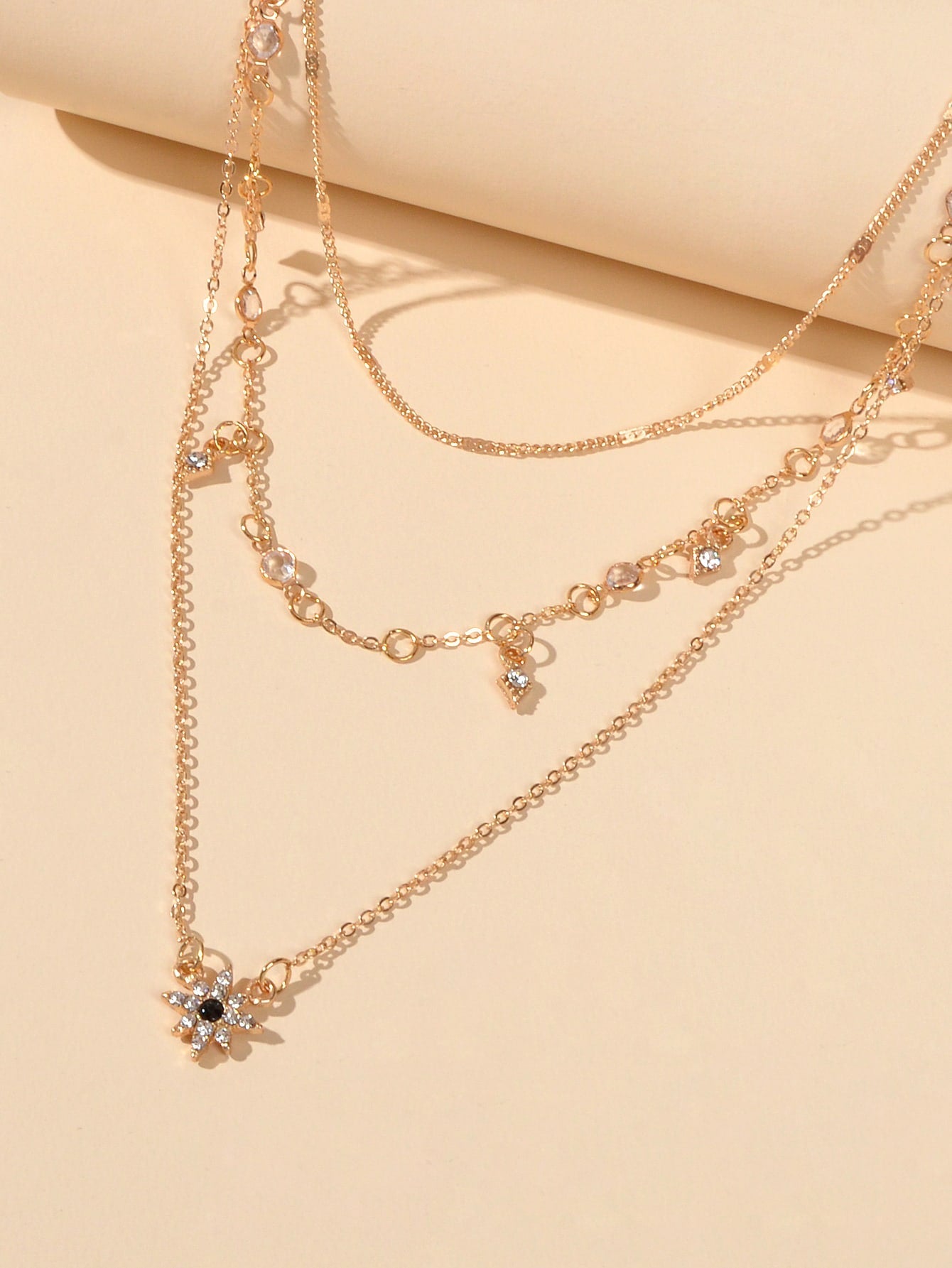 Awesome Teens Jewellery Gift Gold Layered Chain Rhinestone Flower Charm Necklace-2