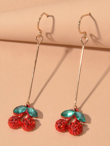 Gift Jewellery Cute Funny Green Crystal Red Cherry Long Dangle Pendant Earrings-2