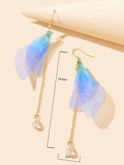 Unique Gold Chain Dangle Blue Transparent Dragonfly Wing Earrings Insect Jewelry-2