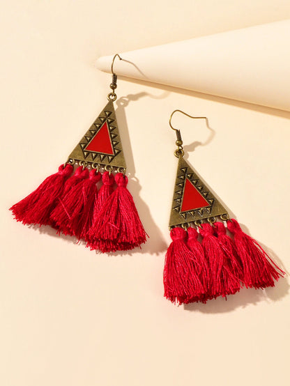 American Jewellery Ethnic Antique Gold Triangle Winered Tassel Bohemian Earrings-2