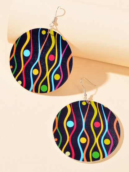 Stunning Woman's Wooden Bohemian Colourful Round Dangle Funky Statement Earrings-2
