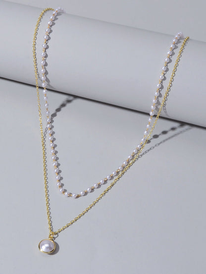 Retro Gold Double layer Chain Pearl Pendant Necklace Anniversary Wedding Gift-2