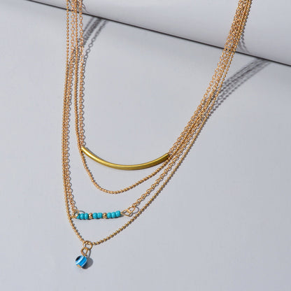 Boho Chic Blue Beads Jewelry Multilayer Gold Chain Round Pendant Ethnic Necklace-2