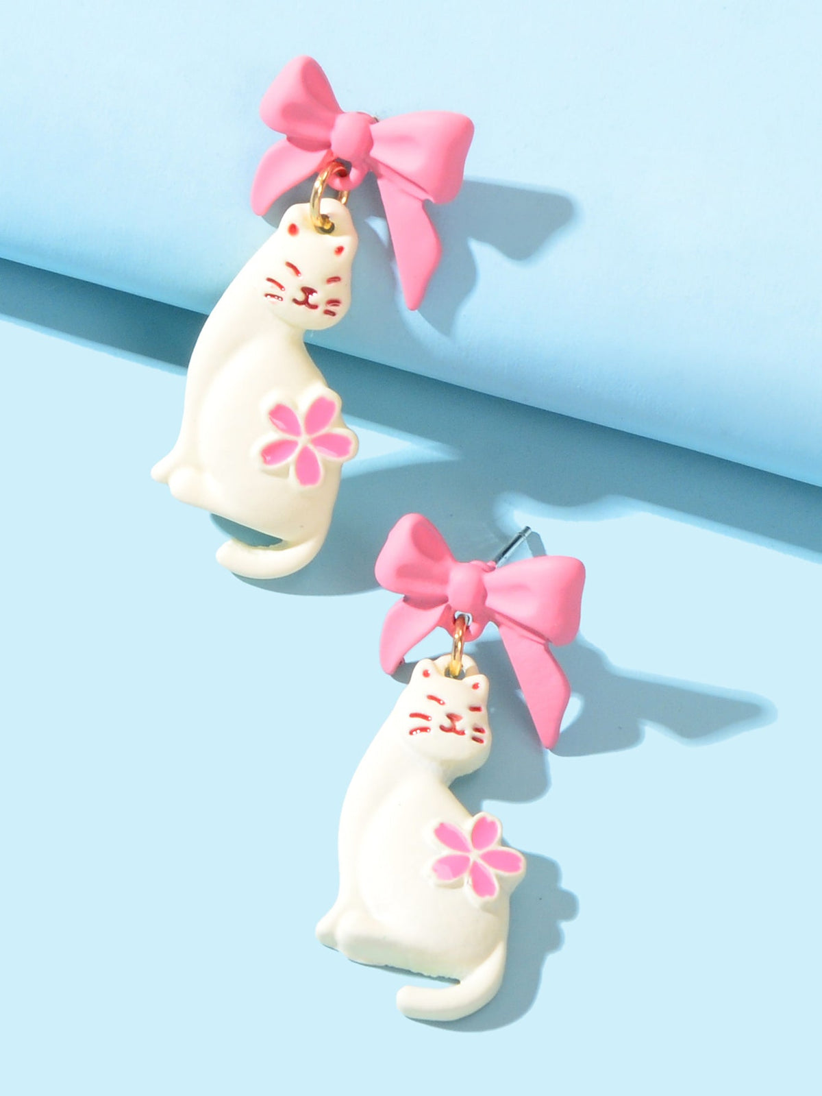 Handmade Cartoon Accessories Flower Bow-knot White Cat Piercing Stud Earrings-2