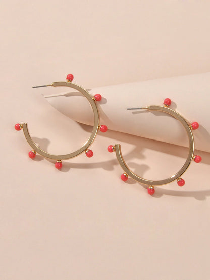 Designer Stylish Blue Hotpink Beads Silver Circle C Hoop Huggie Stud Earrings-2