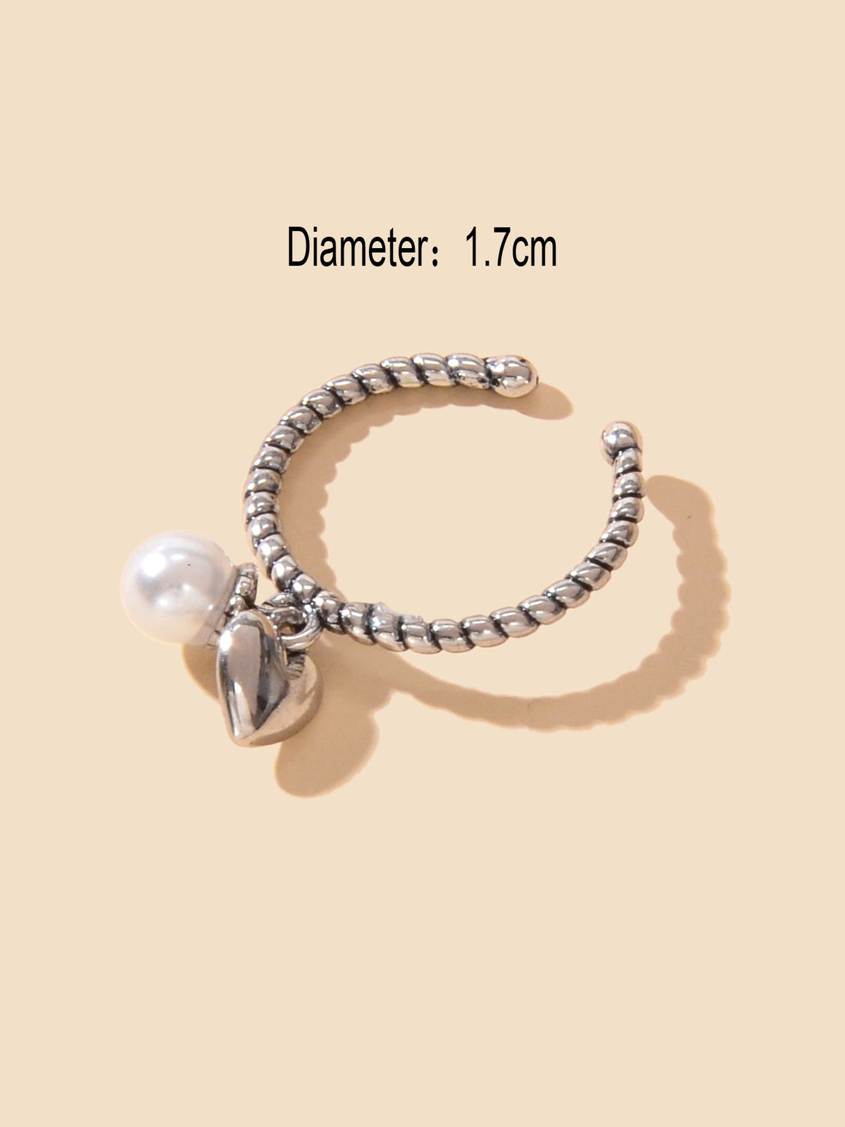 Vintage Silver Statement Antique Pearl Heart Charm Open Cuff Ring Women's Band-2