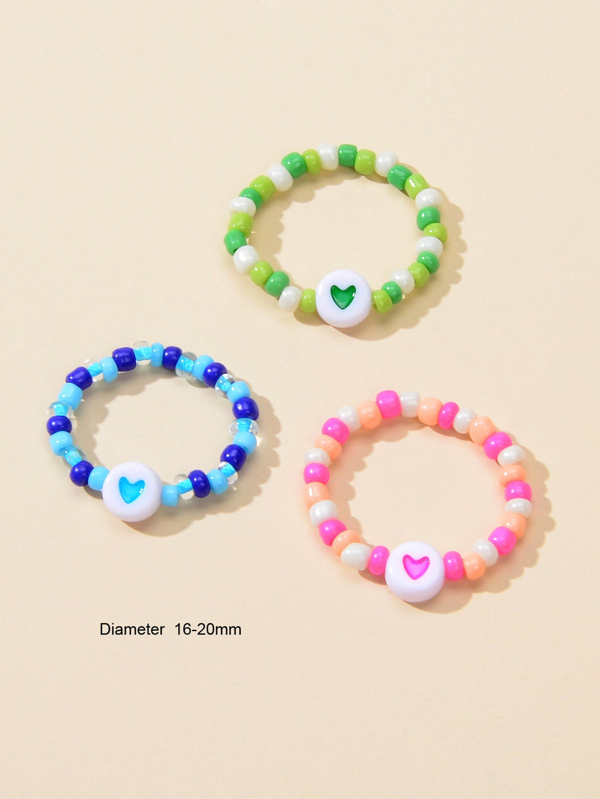 3pcs Colorful Bead Elastic Heart Pattern Multiple Stackable Midi Finger Ring Set-2