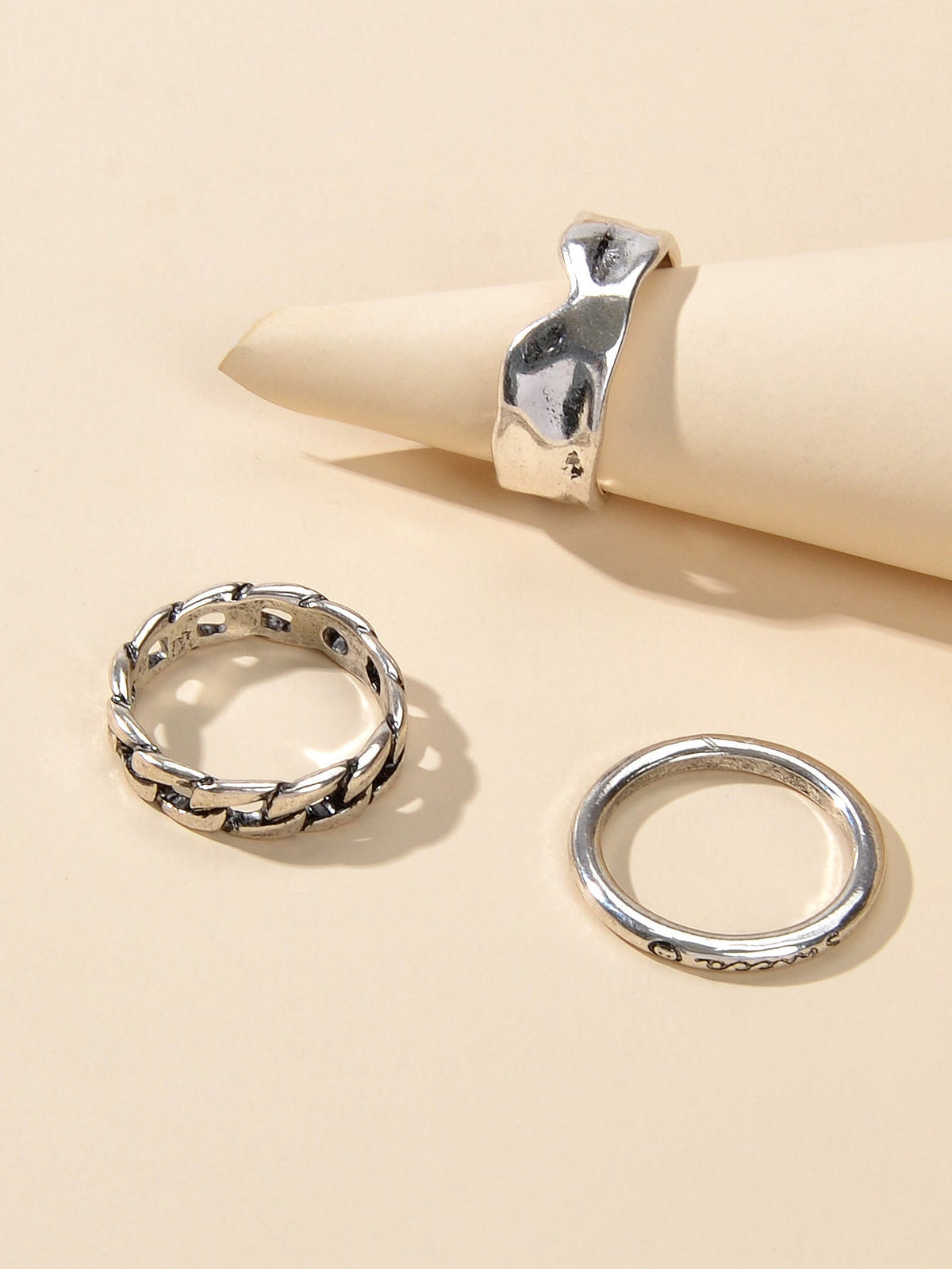 3 pcs Tribal Ethnic Antique Silver Geometric Stackable Multiple Finger Ring Set-2