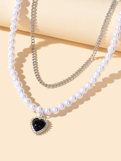 Textured Double layer Silver Pearl Chain Black Heart Necklace Retro Jewellery-2