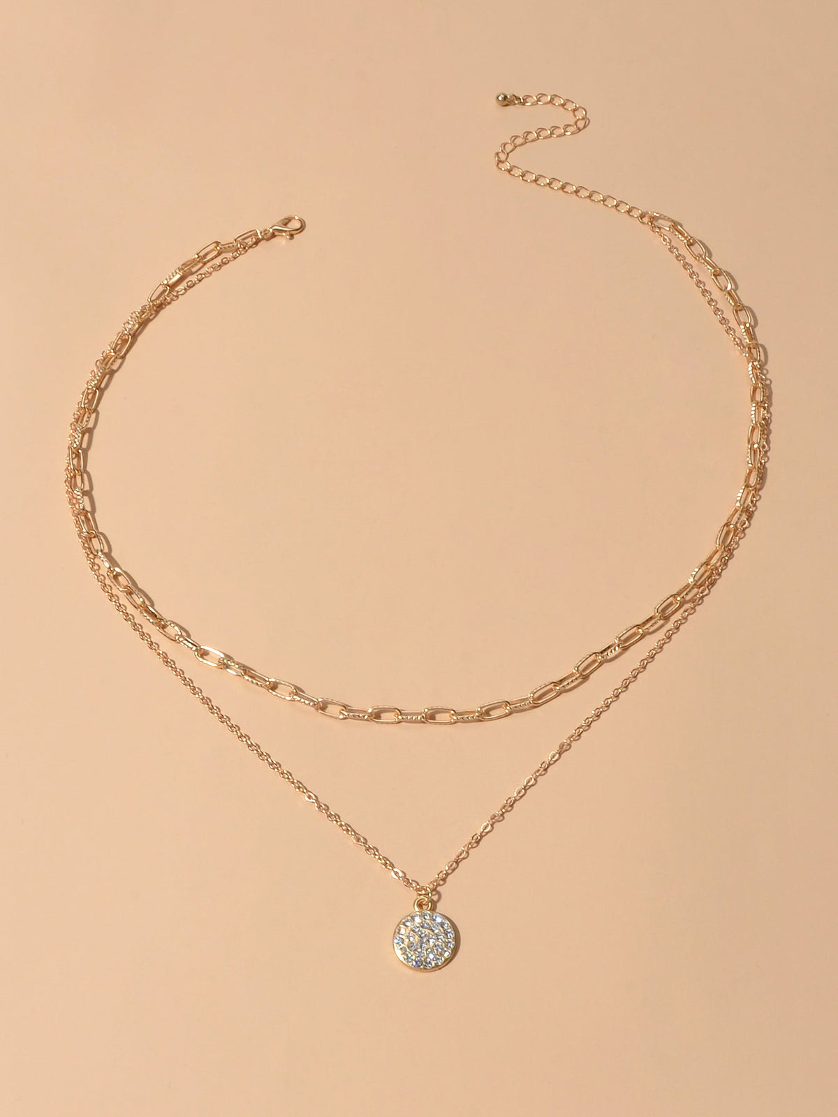 Female Jewellery Double layer Paperclip Gold Silver Chain Round Pendant Necklace-2