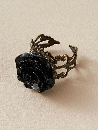 Retro Gothic Jewellery Resin Flower Open Cuff Finger Ring Antique Accessories-2