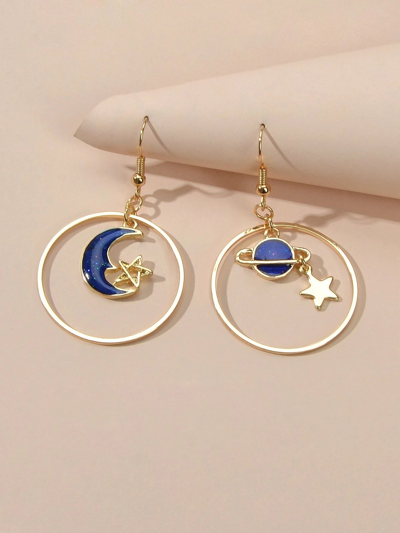 Star Moon Planet Globe Circle Asymmetric Dangle Women Teens Round Hoop Earrings-2