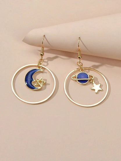 Star Moon Planet Globe Circle Asymmetric Dangle Women Teens Round Hoop Earrings-2