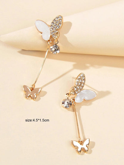 White Enamel Rhinestone Butterfly Pendant Earrings Dainty Gifts for Women Teens-2