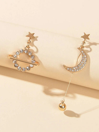 Fashion Rhinestone Ball Pendant Gold Moon Planet Asymmetric Drop Dangle Earrings-2