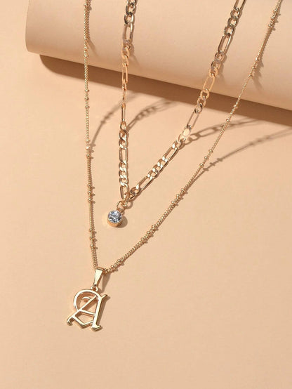 2 pcs Gold Chain Rhinestone Letter A Pendant Double Layer Necklace Women Jewelry-1