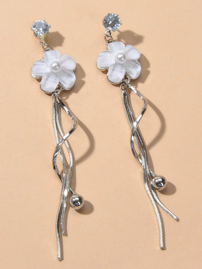 Fashion White Flower Silver Tassel Drop Dangle Earrings for Women Jewellery Gift-2