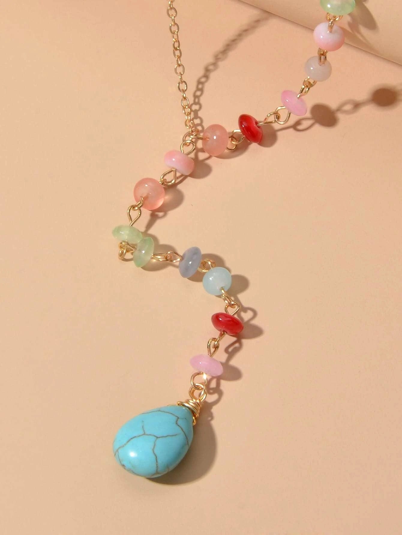 Boho Chic Handmade Colorful Beads Turquoise Water Drop Pendant Necklace Collar-3