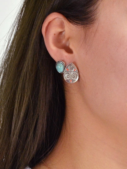 6 Pairs Designer Traditional Antique Silver Geometric Turquoise Stud Earrings-2