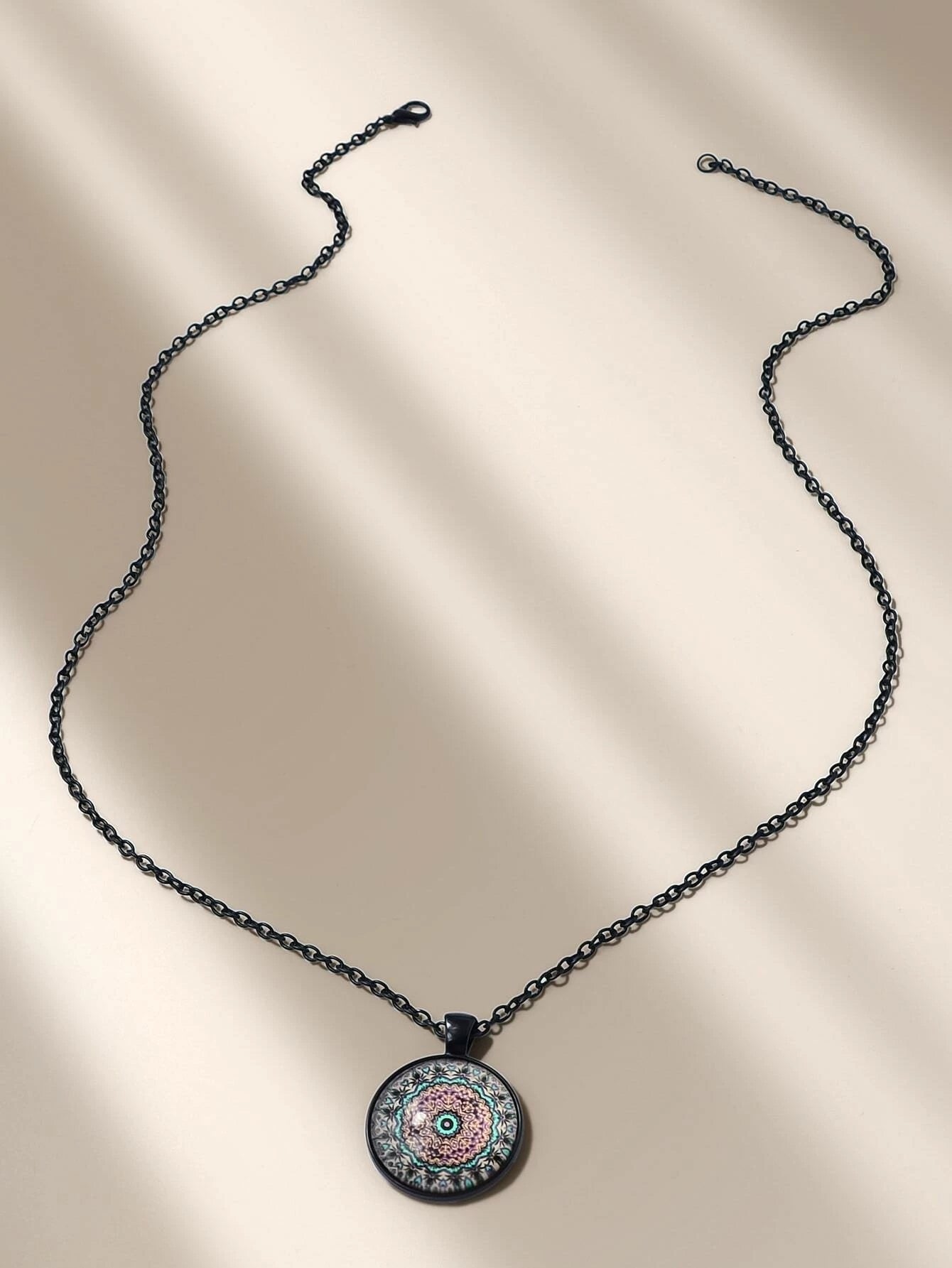 Retro Jewellery Ethnic Black Chain Geometric Mandala Round Pendant Boho Necklace-2