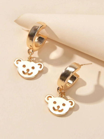 Gold Bear Hoop Drop Earrings Women Cartoon Stud Cute Gift Teens Textured Jewelry-2