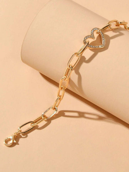 AU Local Rhinestone Love Heart Charm Chunky Gold Chain Bracelet Girl Accessories-2