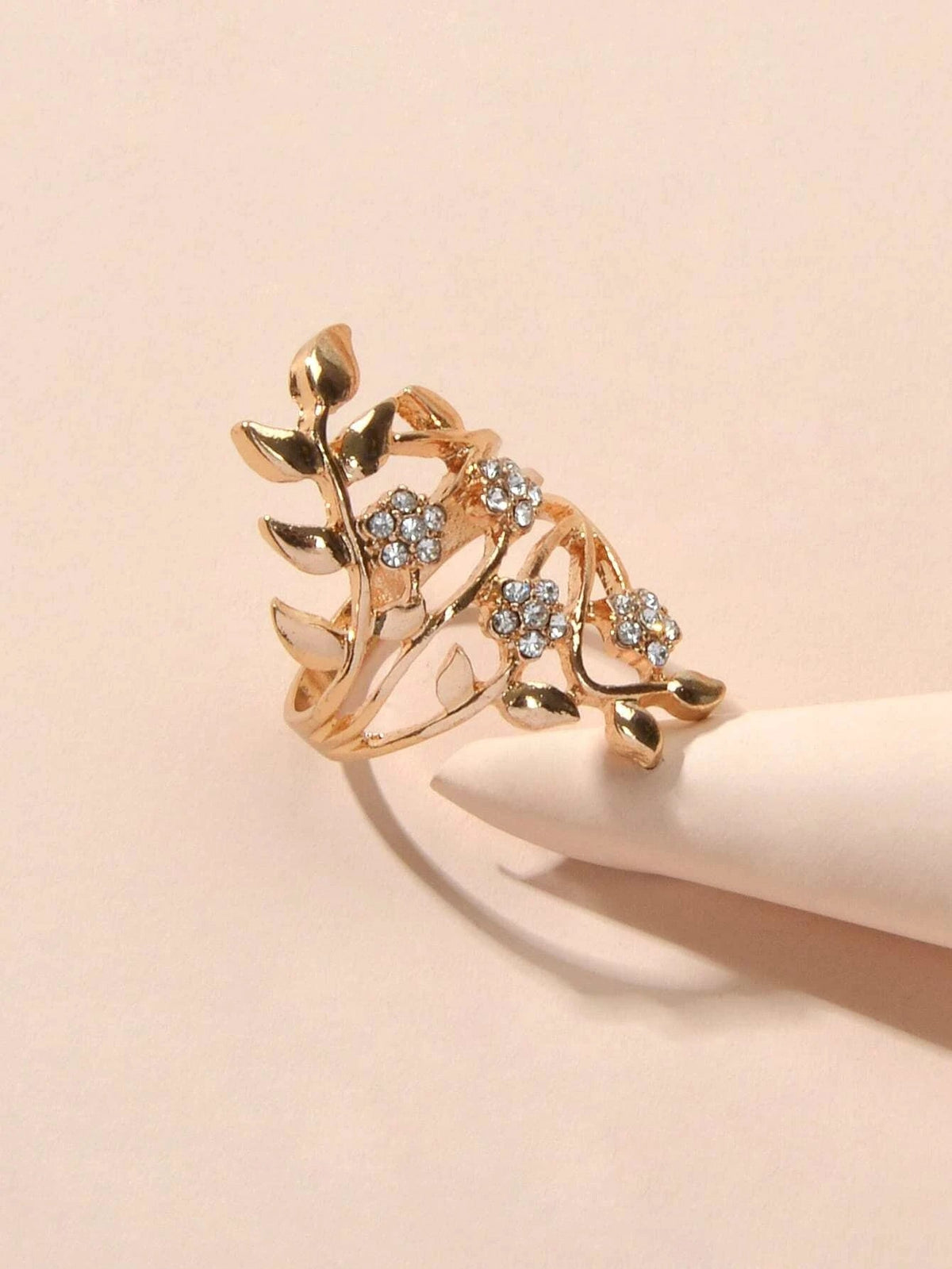 Luxurious Rhinestone Decor Silver Hollow Flower Leaf Finger Engagement Gift Ring-2