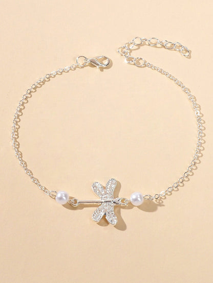 1pc Foot Beach Jewellery Pearl Silver Chain Dragonfly Anklet Bracelet Party Gift-2