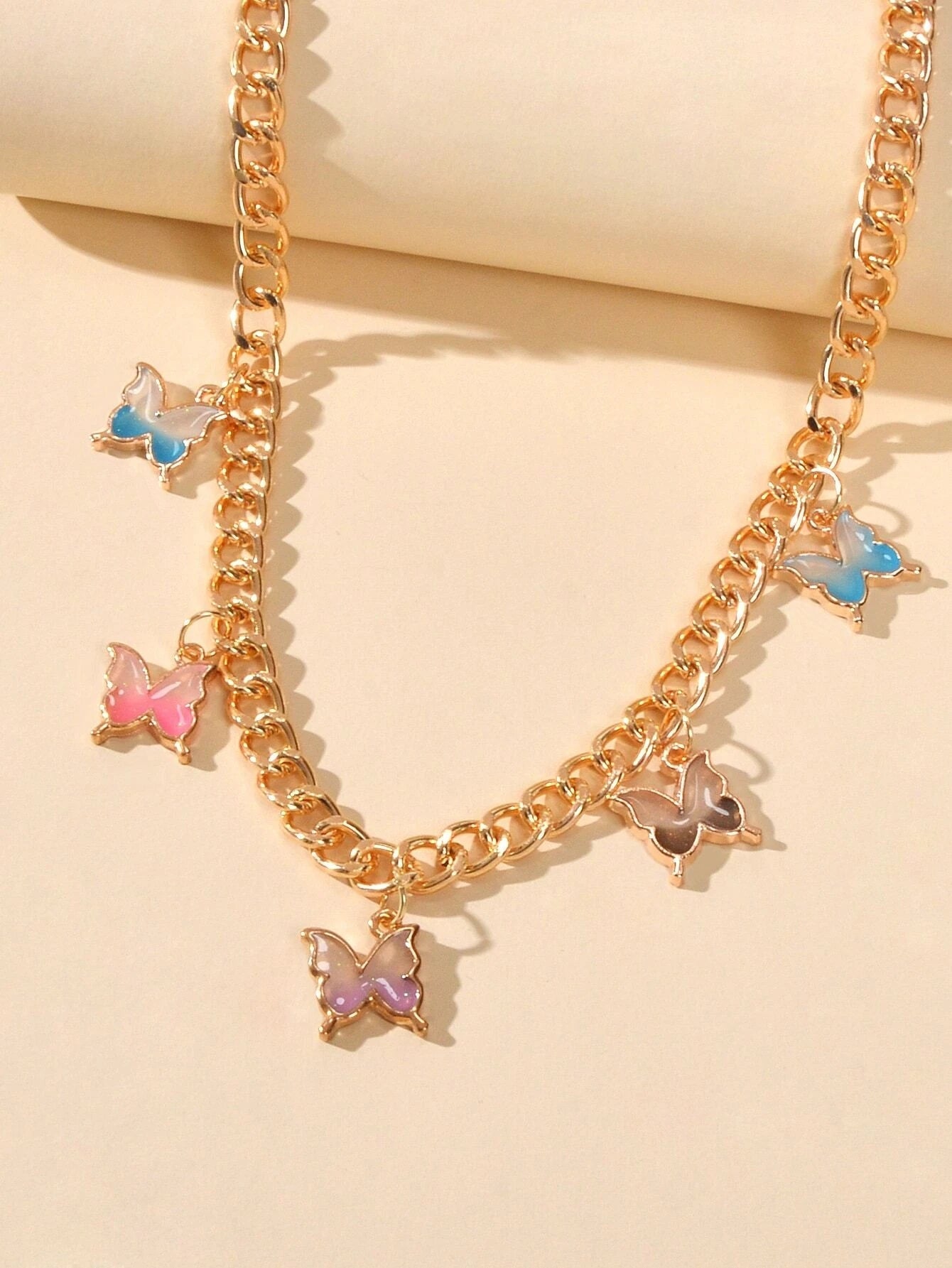 Hip Hop Colorful Enamel Bling Butterfly Charm Necklace Clavicle Chain Choker-2