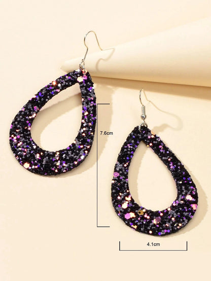 Boho Chic Gold Black Leather Shining Sequins Water Drop Big Dangle Earrings Gift-2