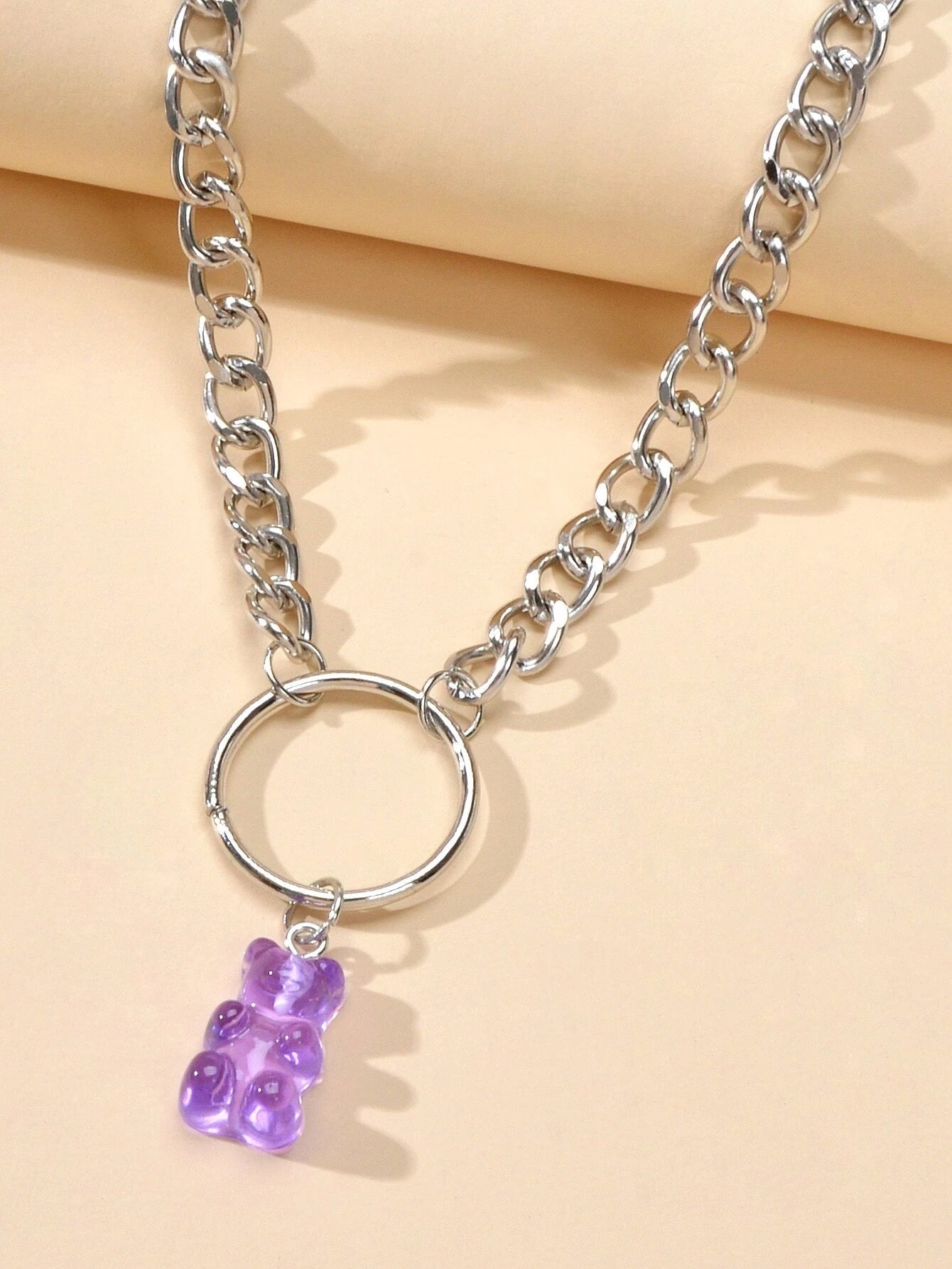Lovely Jewellery Silver Chain Circle Purple Bear Pendant Necklace Accessories-2