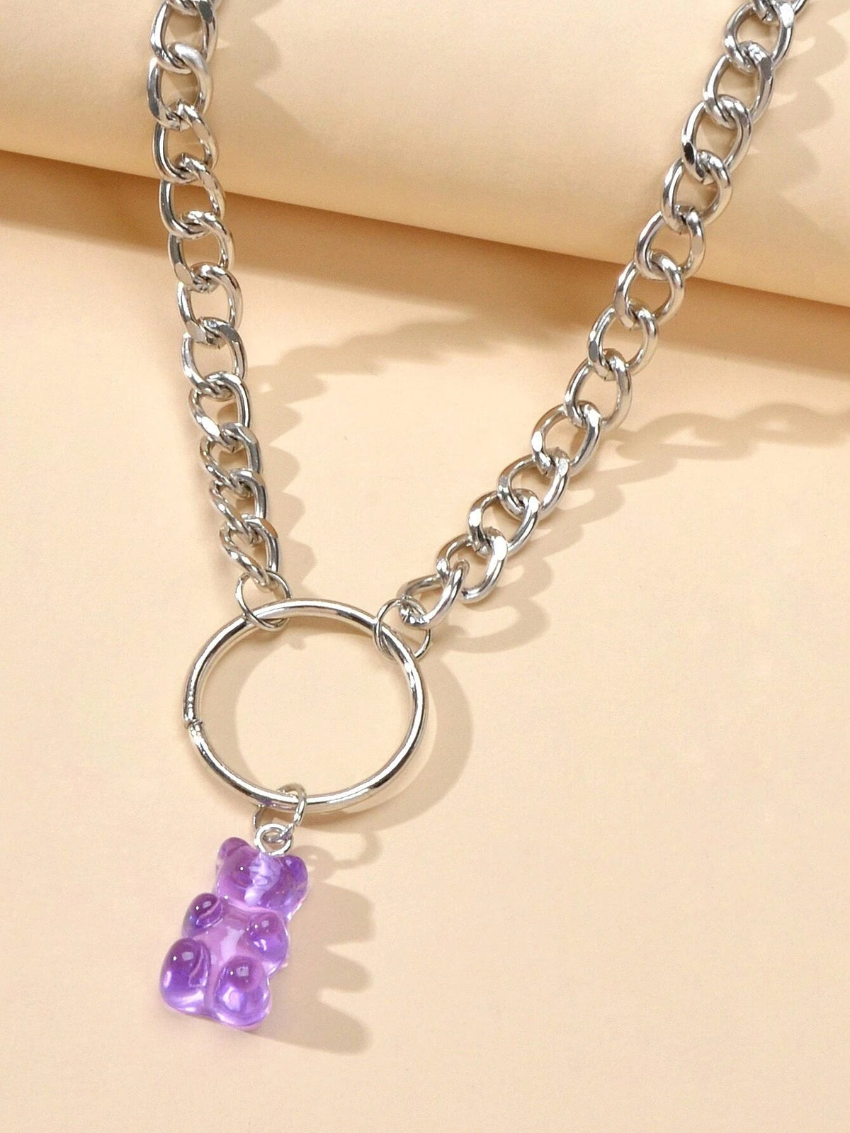Lovely Jewellery Silver Chain Circle Purple Bear Pendant Necklace Accessories-2