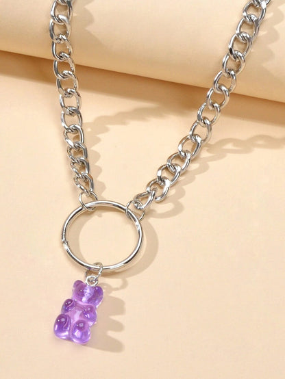 Lovely Jewellery Silver Chain Circle Purple Bear Pendant Necklace Accessories-2