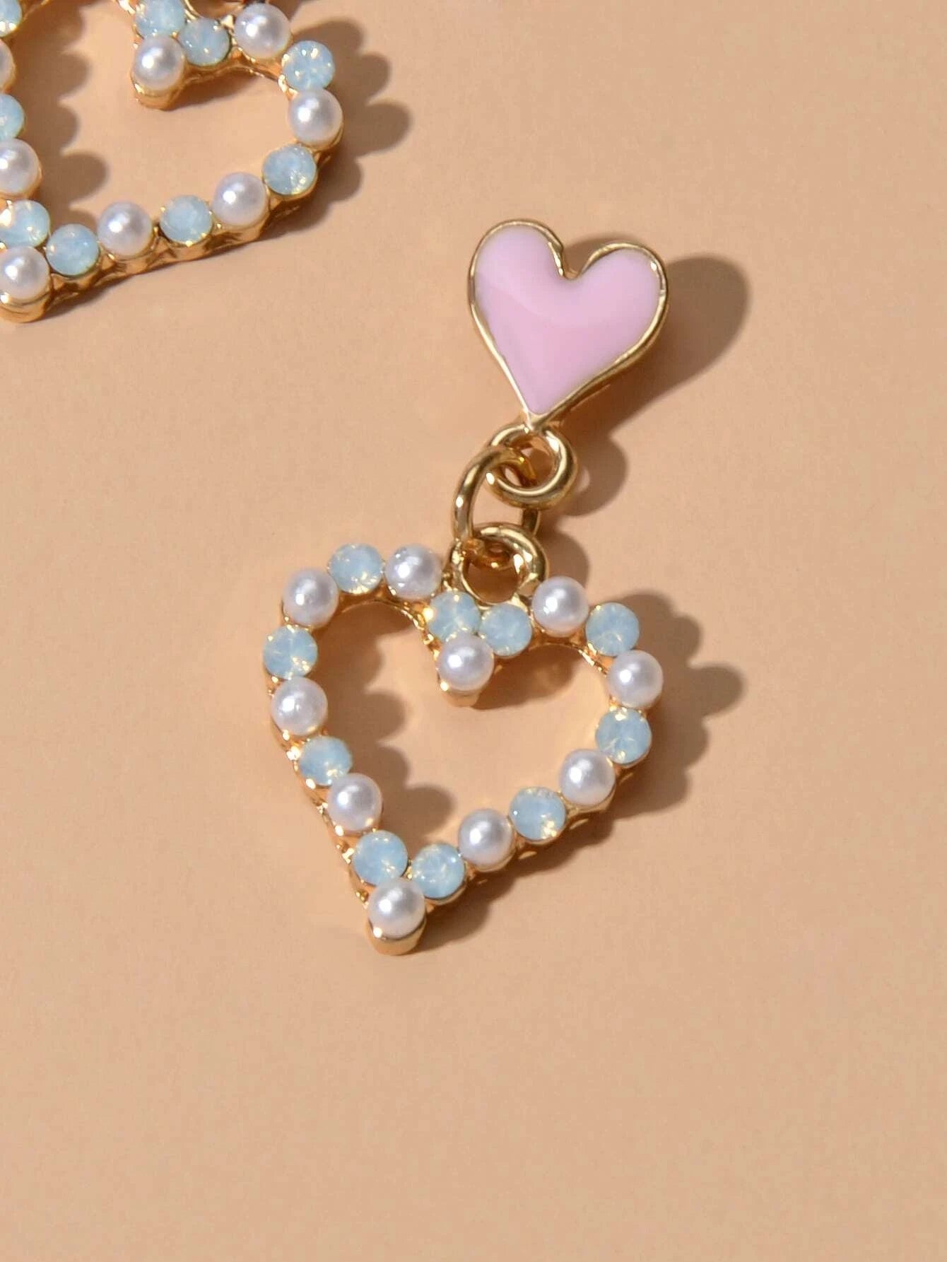 Personality Pink Enamel Pearl Heart Drop Earrings Dainty Gifts for Women Girls-2
